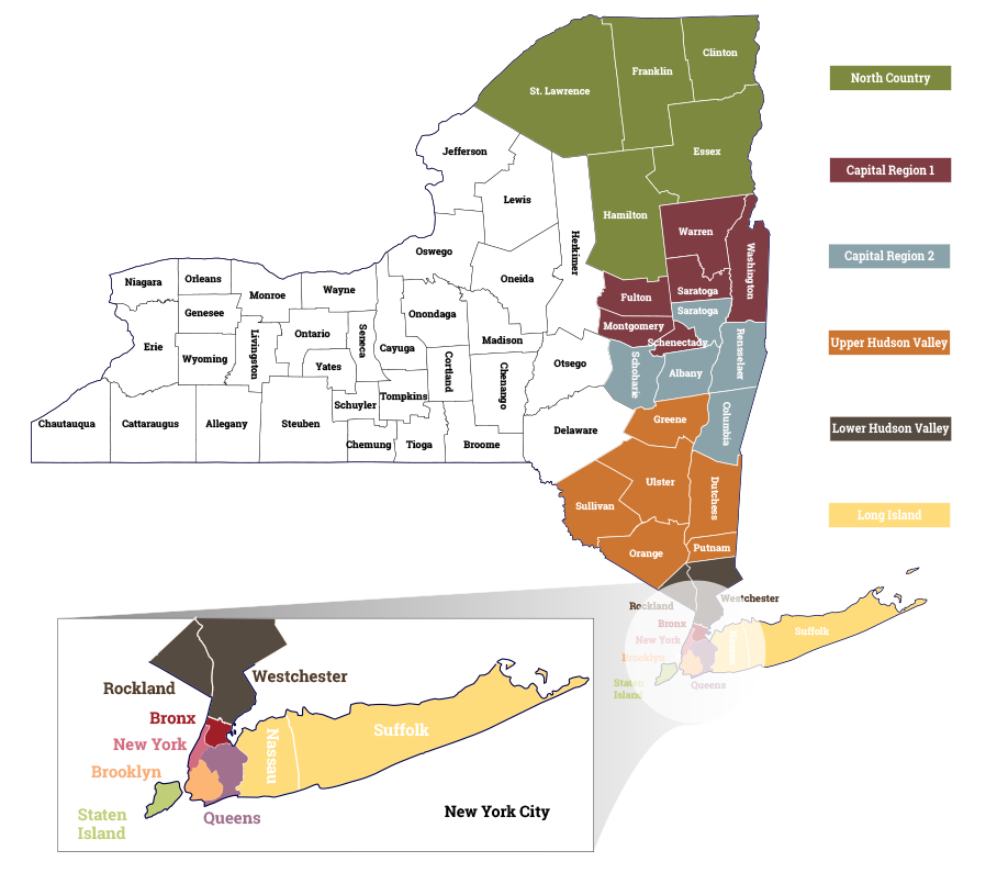 Map of New York State counties displaying regional Care Design NY zones
