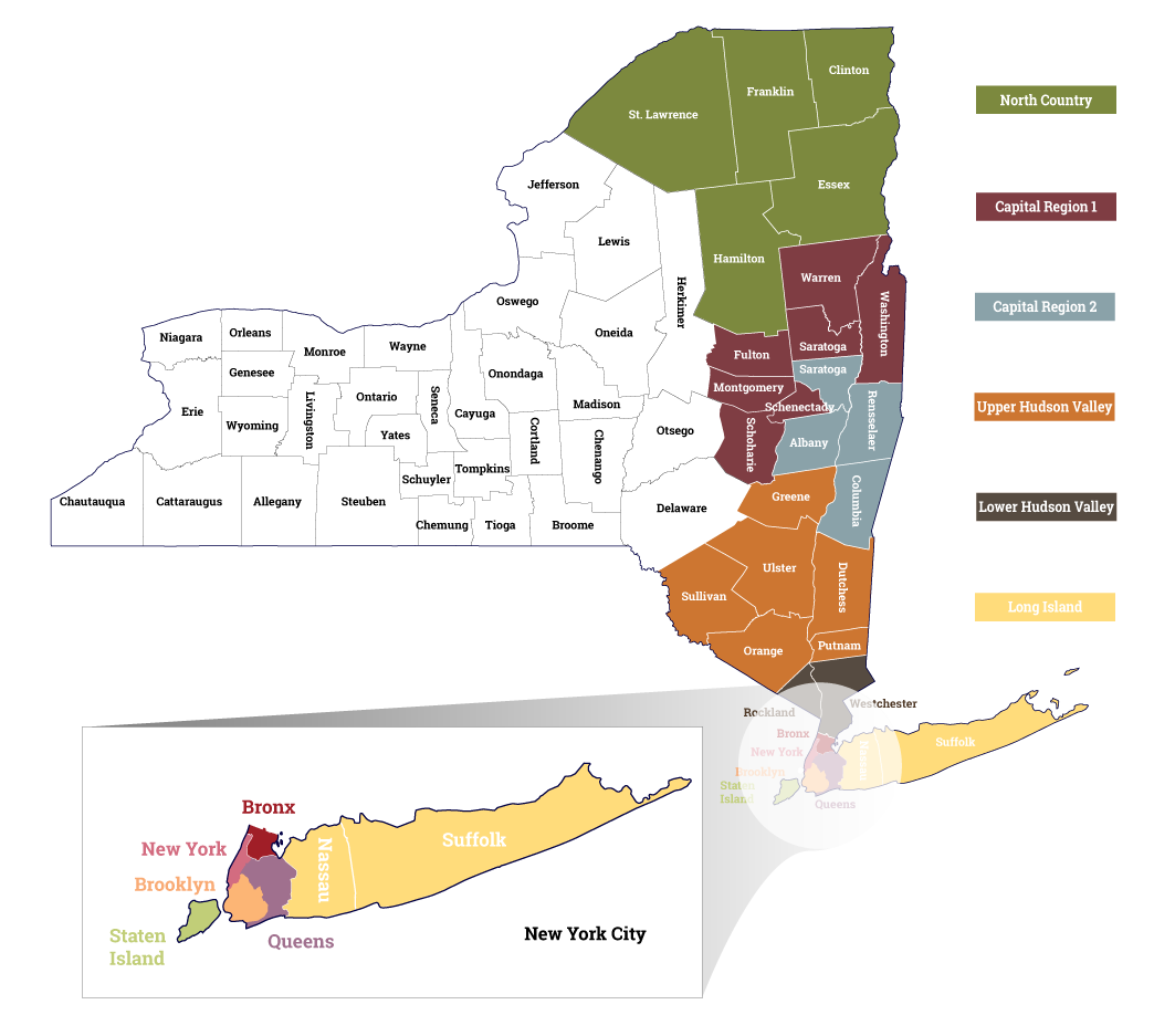 Map of New York State counties displaying regional Care Design NY zones