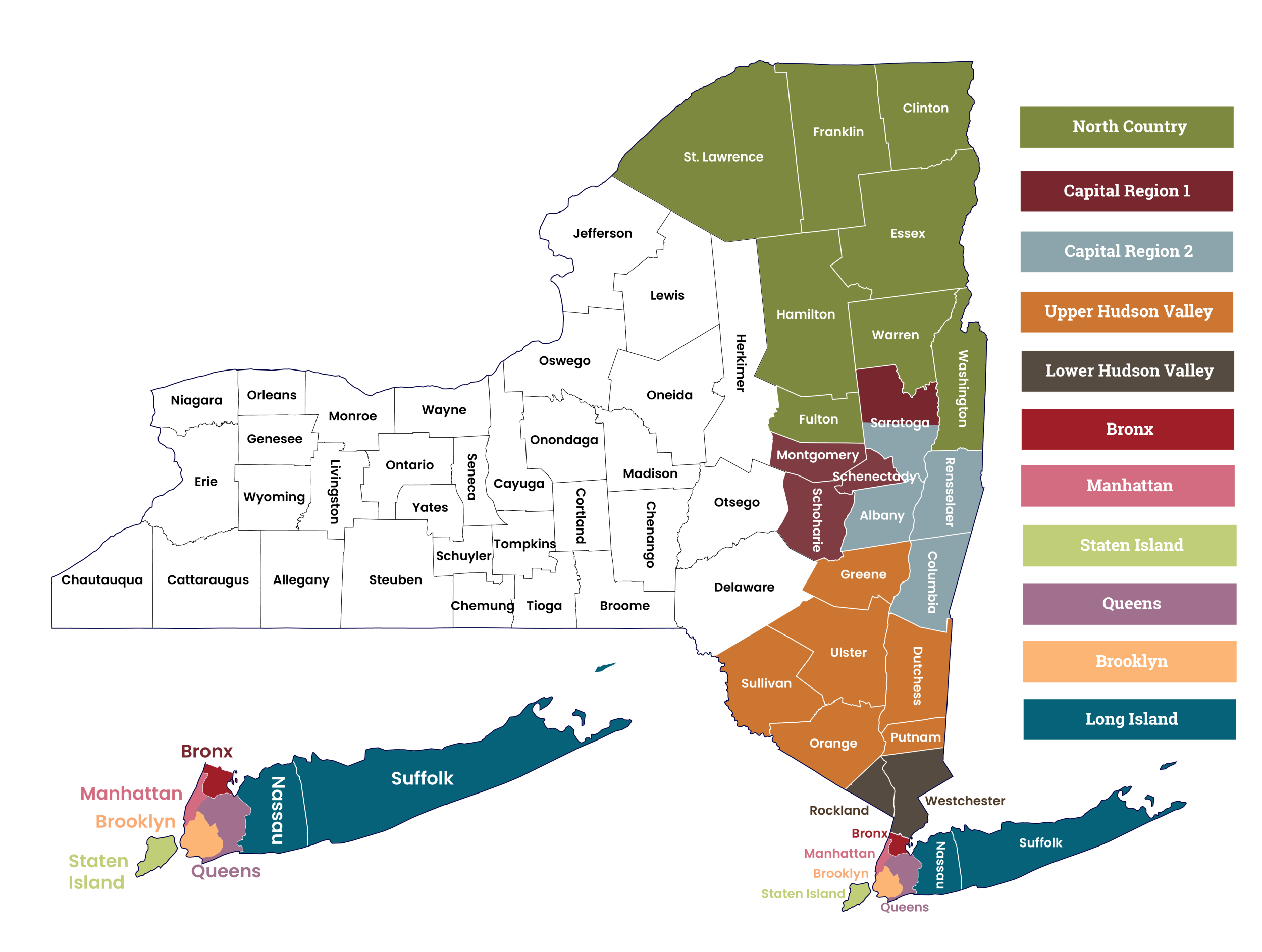 Map of New York State counties displaying regional Care Design NY zones