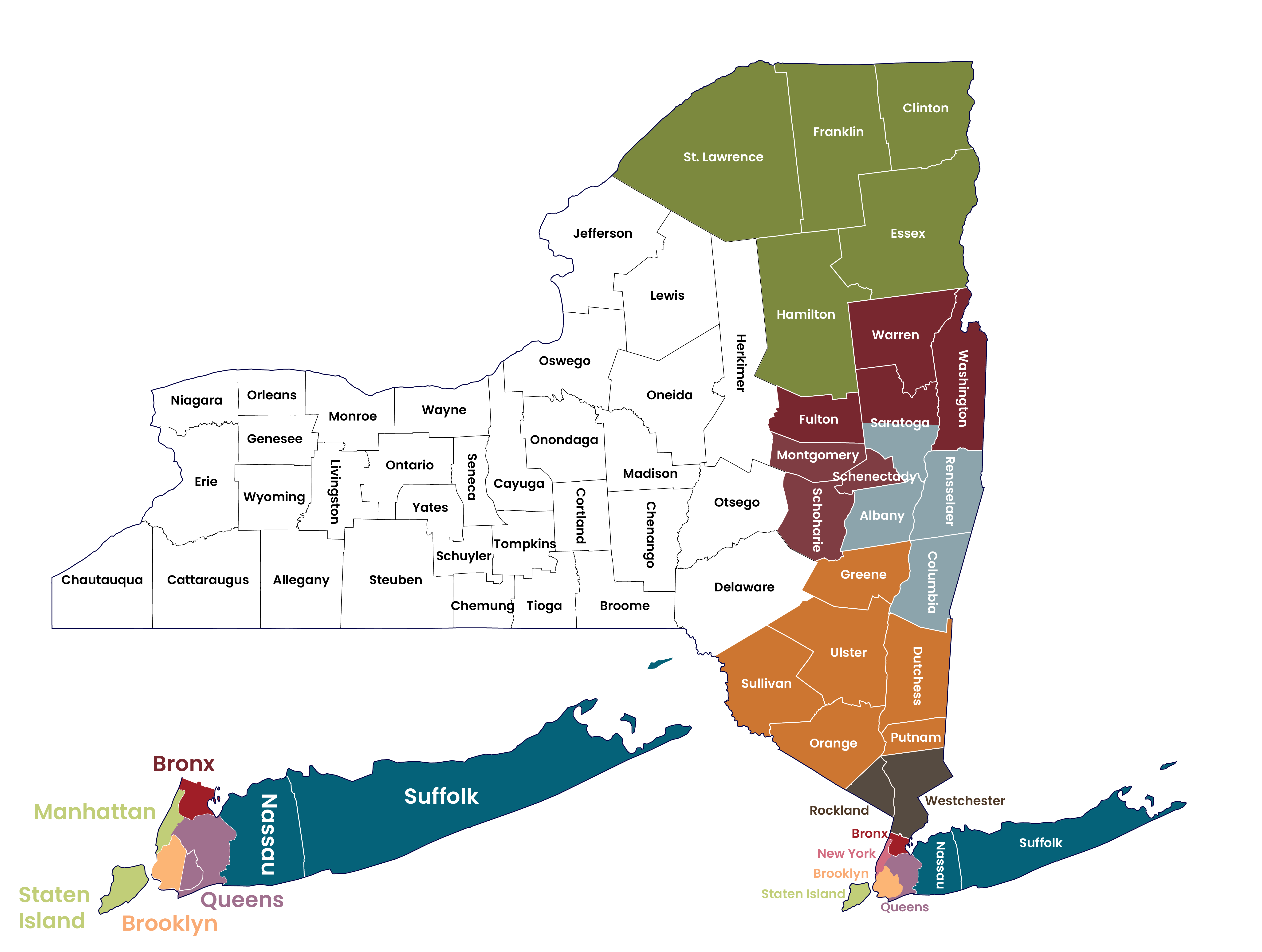 Map of New York State counties displaying regional Care Design NY zones